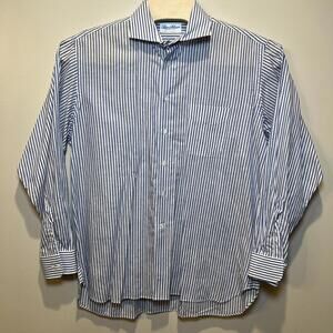 Ben Silver Charleston Blue White‎ Bengal Stripe Button Up Shirt Mens 17 36 EUC